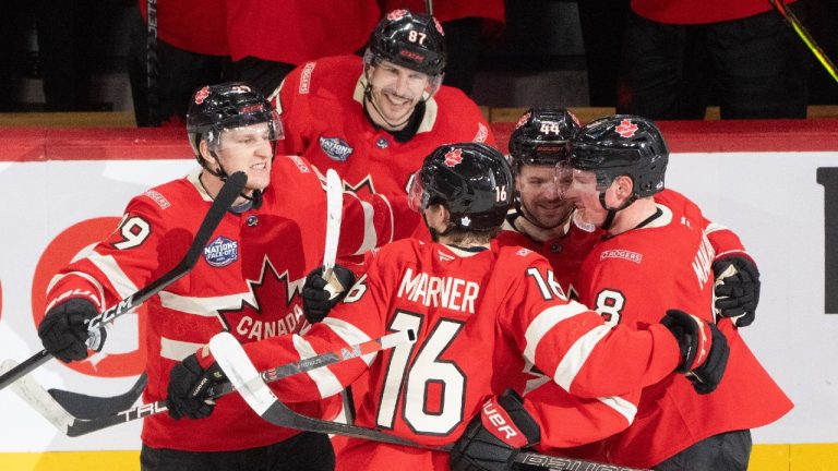 Canada forward Mitch Marner celebrates game-winning goal against Sweden with teammates Nathan MacKinnon, Sidney Crosby, and Josh Morrissey at the Olympics